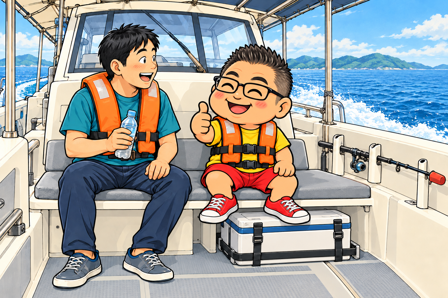 救命胴衣を着け、荷物を固定して船内の安全な場所に座る船長と初心者のイラスト