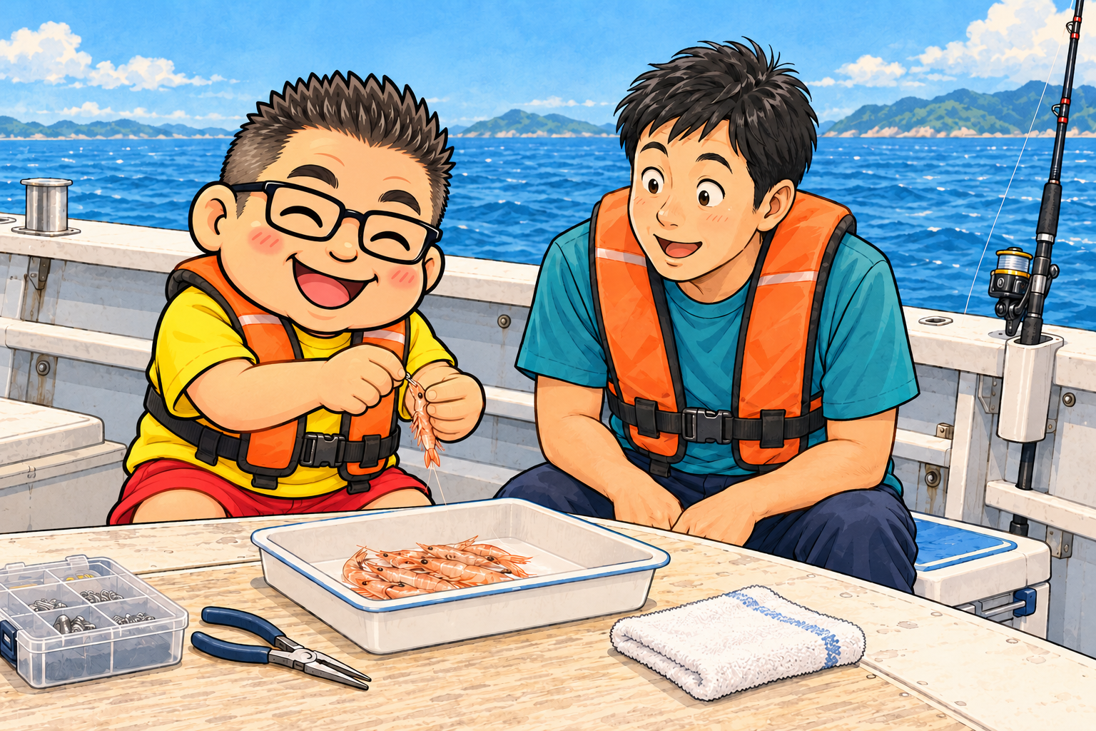船上の安定した作業台で、船長と初心者がエビの準備をするイラスト