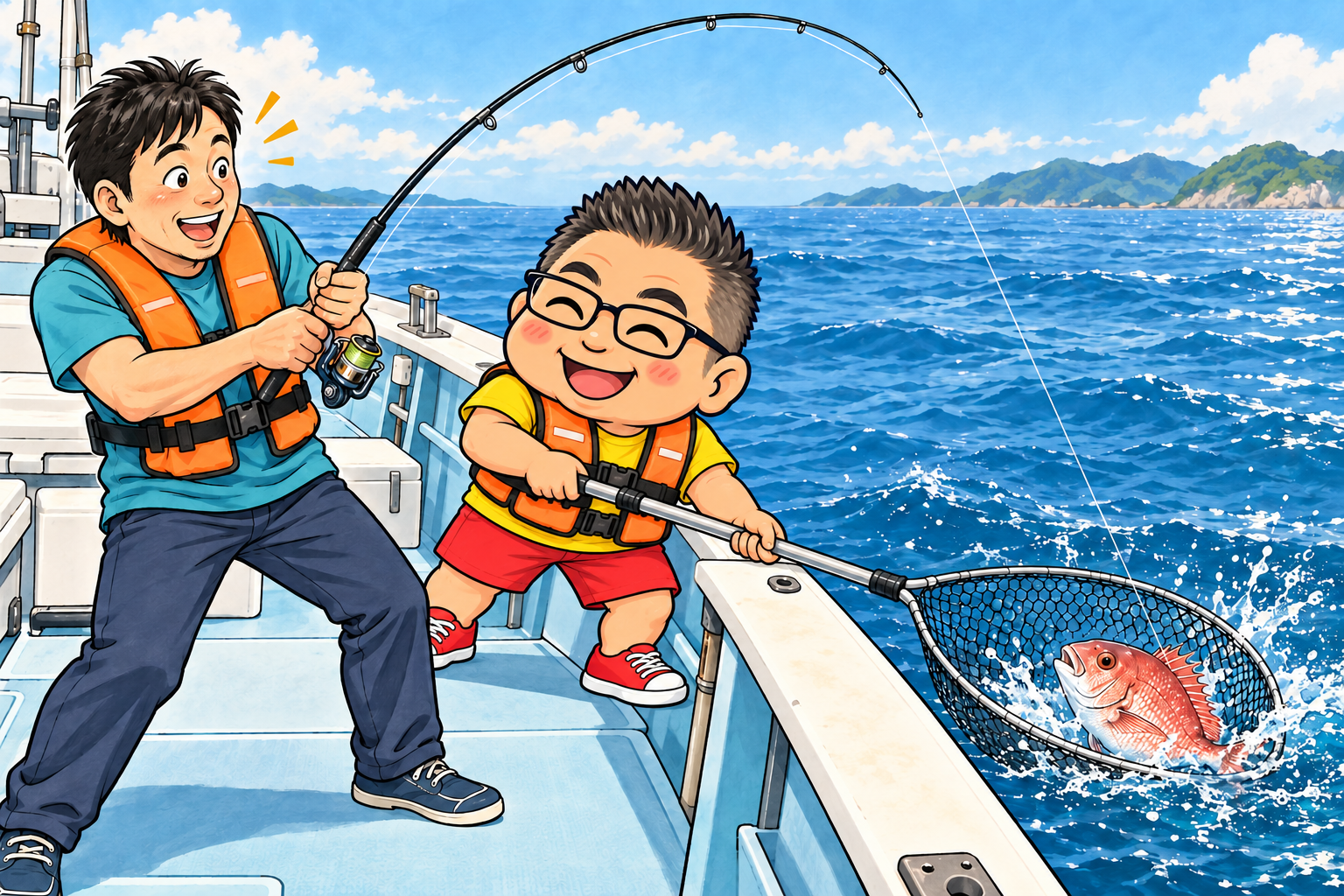 初心者が竿を曲げて魚とやり取りし、船長が海面の真鯛を網ですくおうとするイラスト