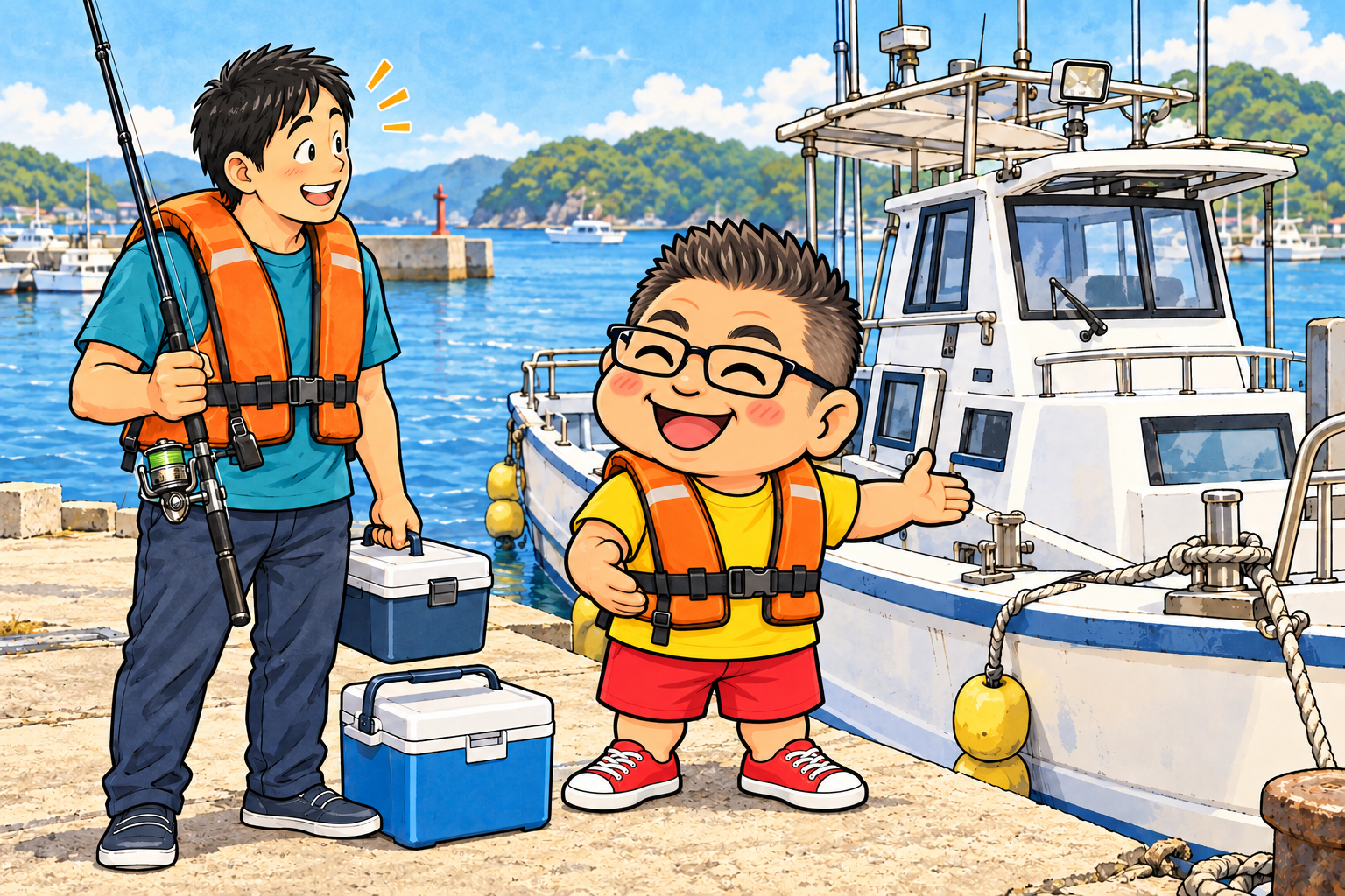 救命胴衣を着た船長が、竿とクーラーを用意した初心者を迎えるイラスト
