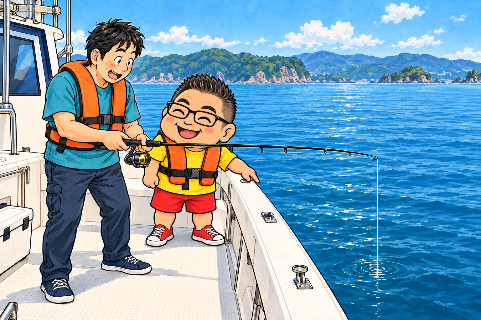竿先から海へ仕掛けをまっすぐ下ろし、船長が説明するイラスト